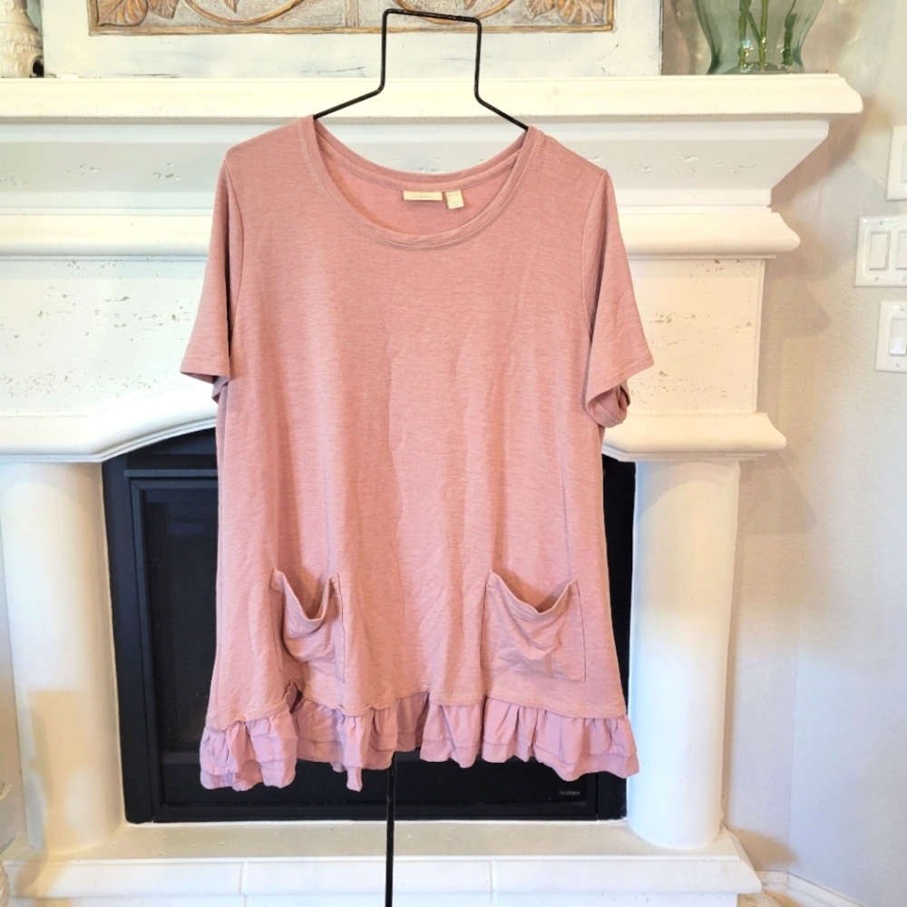 LOGO Lori Goldstein Lounge size XL Pink Blouse Top with Ruffle Hem and pockets
